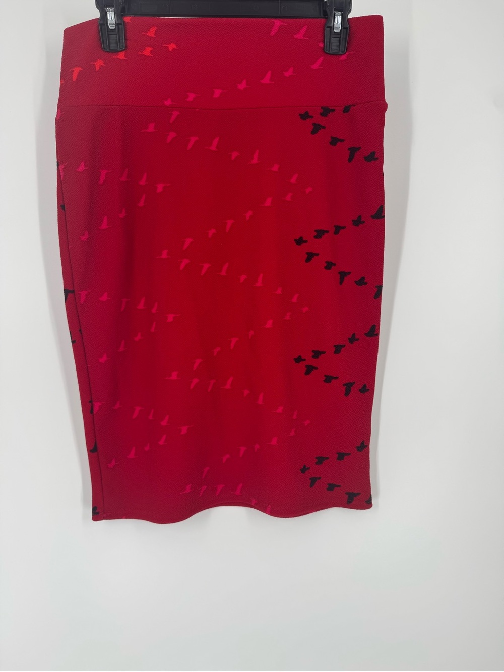 LuLaRoe Red Pencil Skirt with Black & Pink Bird Motif